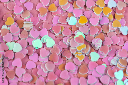 Valentine’s day heart background. Little pink, white and yellow hearts confetti background. Part of set.