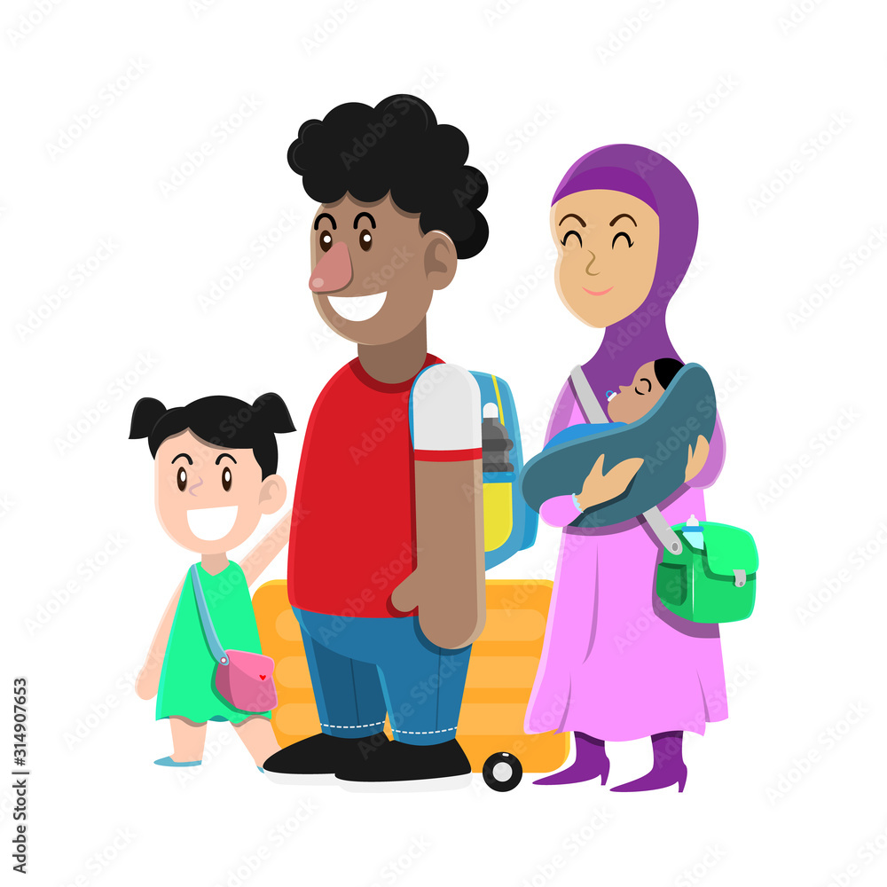 Muslim Family standing in queue bring suitcase and bag for vacation, Father hold an older kids, and Mother carry a baby flat design cartoon vector