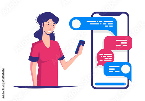 The girl holds a smartphone in her hand, communicates in a messenger, a screen template for instant messages