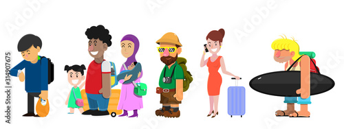 group of people standing in queue with luggage from multiracial at check-in counter, get ready for business and vacation trip, passengers, tourists flat design cartoon vector