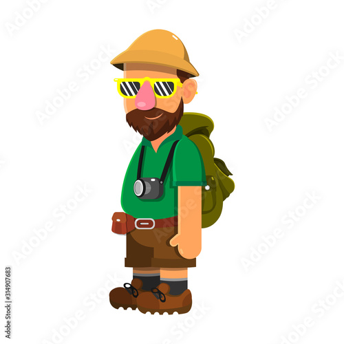 Adventurer get ready for a trip with a complete equipment flat design cartoon vector