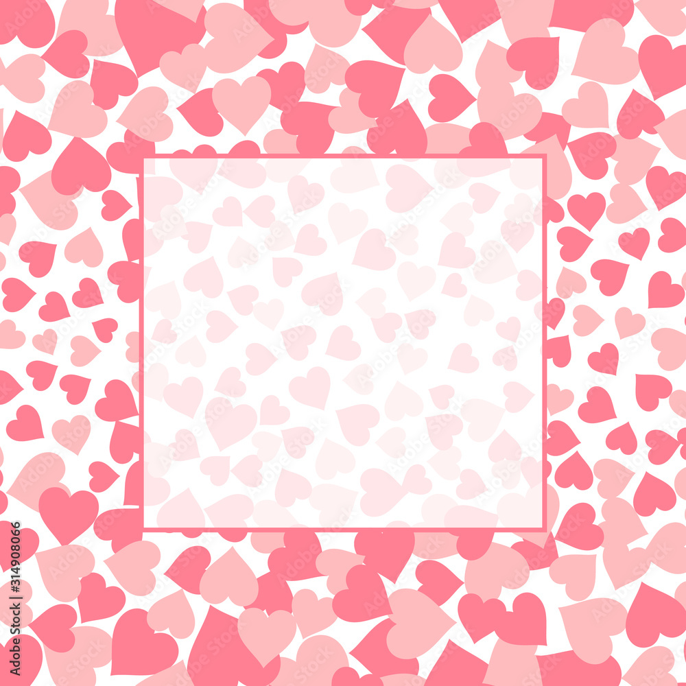 Background of pink hearts with a frame for text. Vector illustration