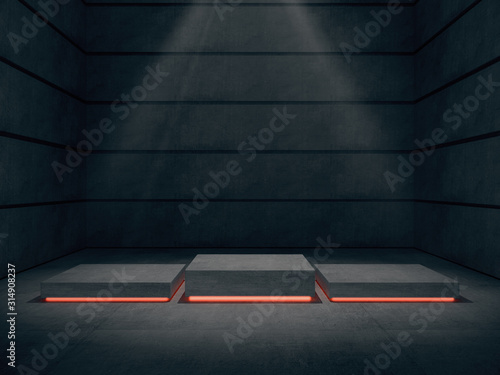 Concrete pedestal for display,Platform for design,Blank product stand with light glow.3D rendering. photo