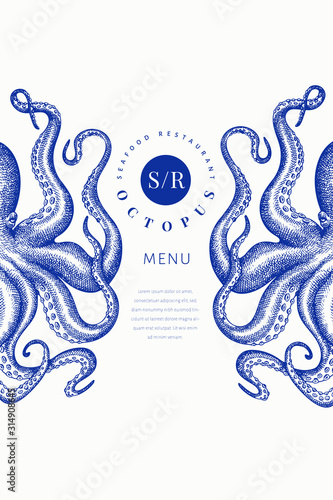 Octopus colored banner template. Hand drawn vector seafood illustration. Engraved style squid. Retro menu design