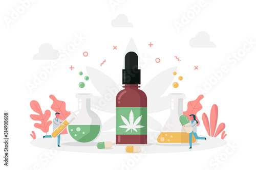 concept of benefit of CBD oil or Cannabidiol, Cannabis, hemp with oil, tablets, drugs and tiny doctor, flat vector illustration for web, landing page, ui, banner, editorial, mobile app and flyer