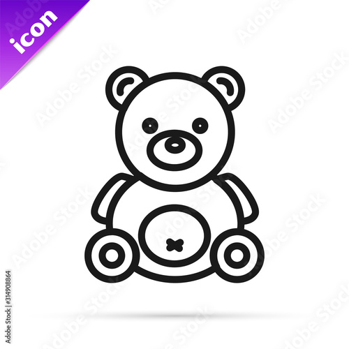 Black line Teddy bear plush toy icon isolated on white background.  Vector Illustration