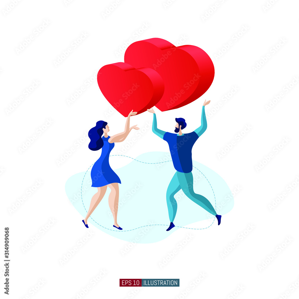 Trendy flat illustration. Man and woman bring their hearts to each other. Valentine's Day. Holiday of love. Template for your design works. Vector 