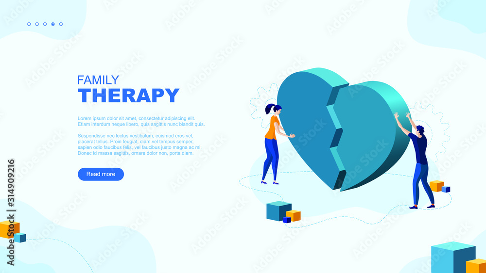 Trendy flat illustration. Man and woman connect the two halves of a broken heart. Family therapy page concept. Family psychologist. Template for your design works. Vector graphics.