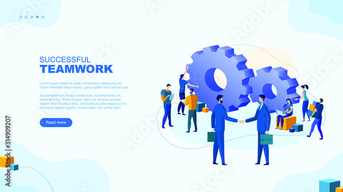 Trendy flat illustration. Successful teamwork page concept. Office workers planing business mechanism, analyze business strategy and exchange ideas.  Template for your design works. Vector graphics.