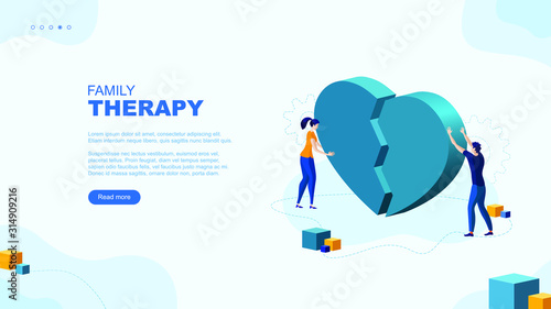 Trendy flat illustration. Man and woman connect the two halves of a broken heart. Family therapy page concept. Family psychologist. Template for your design works. Vector graphics.