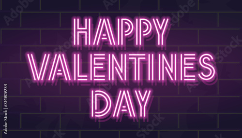 Neon fluorescent valentines day headline. Isolated typography for poster, banner, advertisement, social network. Glowing capital letters for any dark background.