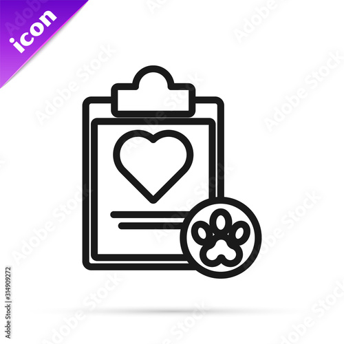 Black line Clipboard with medical clinical record pet icon isolated on white background. Health insurance form. Medical check marks report.  Vector Illustration