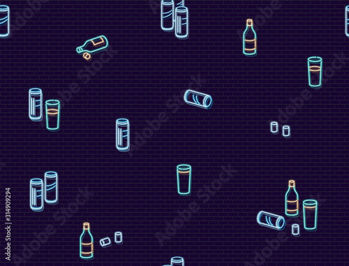 Neon soju and beer on table seamless pattern. Romantic funny korean illustration of traditional alcohol mix. Background for cover, t-shirt, fabric, wall, banner, postcard.