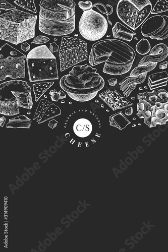 Cheese design template. Hand drawn vector dairy illustration on chalk board. Engraved style different cheese kinds banner. Vintage food background.