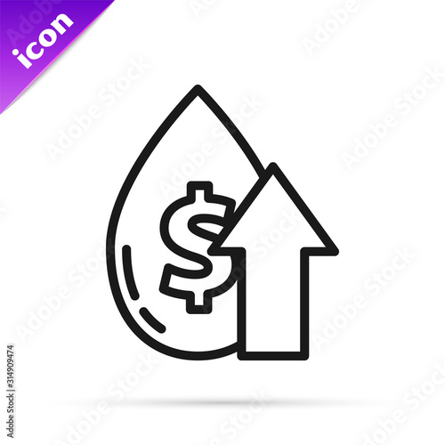 Black line Oil price increase icon isolated on white background. Oil industry crisis concept.  Vector Illustration