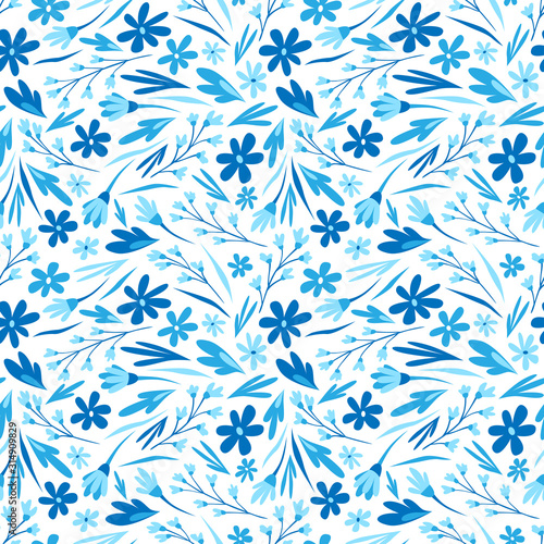 Summer seamless pattern. Floral print for textiles. Blue flowers on white background. Wrapping paper. Doodle style