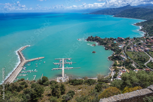 Shore of Tyrrhenian Sea and marina of Cefalu city on Sicily Island in Italy - view from Cefalu Rock photo