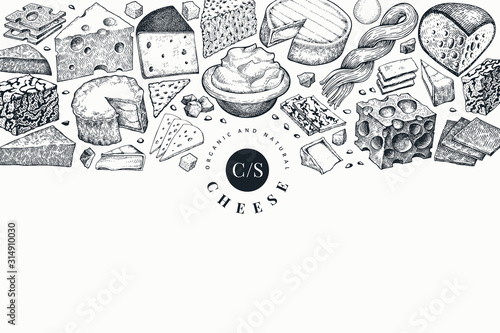 Cheese design template. Hand drawn vector dairy illustration. Engraved style different cheese kinds banner. Vintage food background.