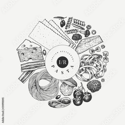Italian pasta wits additions design template. Hand drawn vector food illustration. Engraved style. Vintage pasta different kinds background.