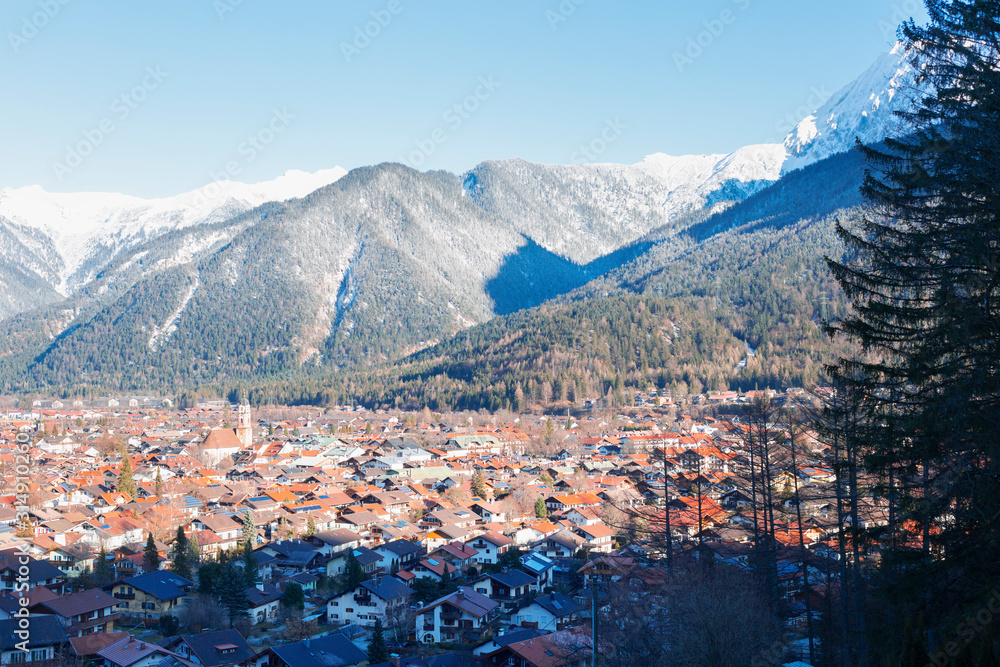 Alpine mountain village in winter.