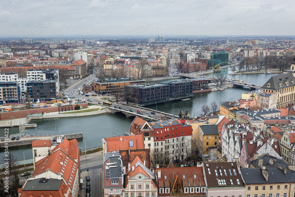 Wroclaw cityscape seen from viewing tower of St Elisabeth basilica, Poland