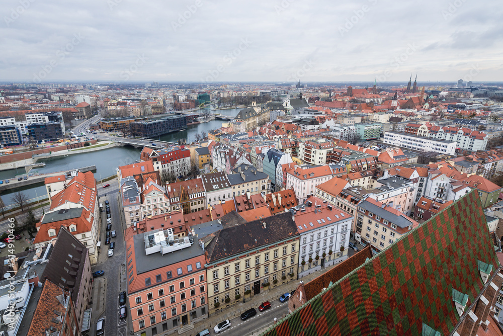 View from tower of St Elisabeth basilica, located in historic part of Wroclaw city, Poland