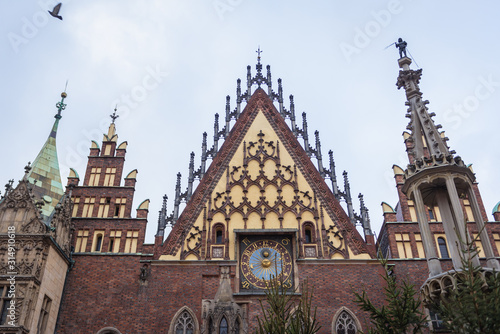 Facade of Old Town Hall located on a main square of historic part of Wroclaw city, Poland
