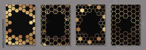 Set of modern geometric luxury black backgrounds for business or presentation or greeting cards with golden honeycombs or hexagons.