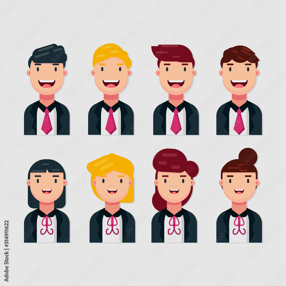 Set of smiling men and women  in different business clothes isolated on white background.  Cartoon, Emotions, and Expression. Simple vector illustration.