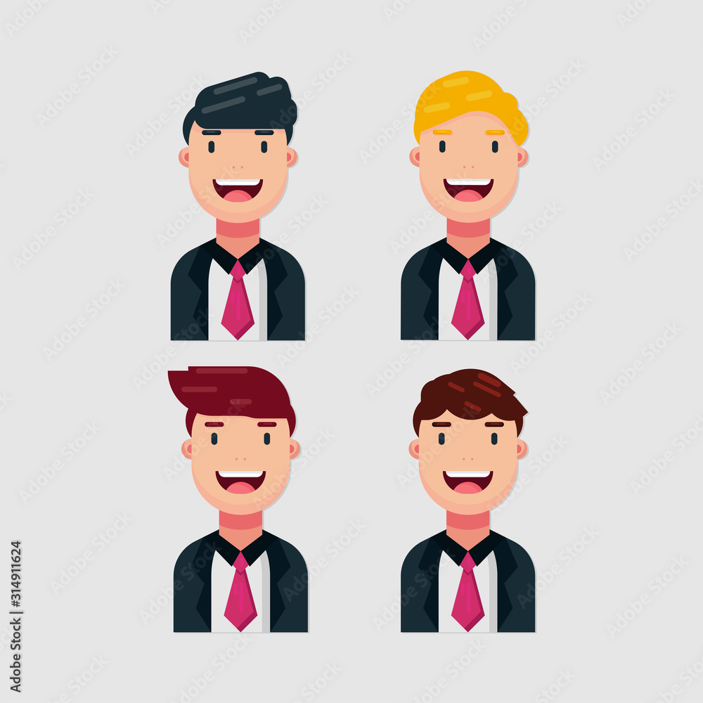 Set of smiling men business clothes isolated on white background. Cartoon, Emotions, and Expression. Simple vector illustration. Set of smiling men business clothes isolated on white background. Cartoon, Emotions, and Expression. Simple vector illustration.