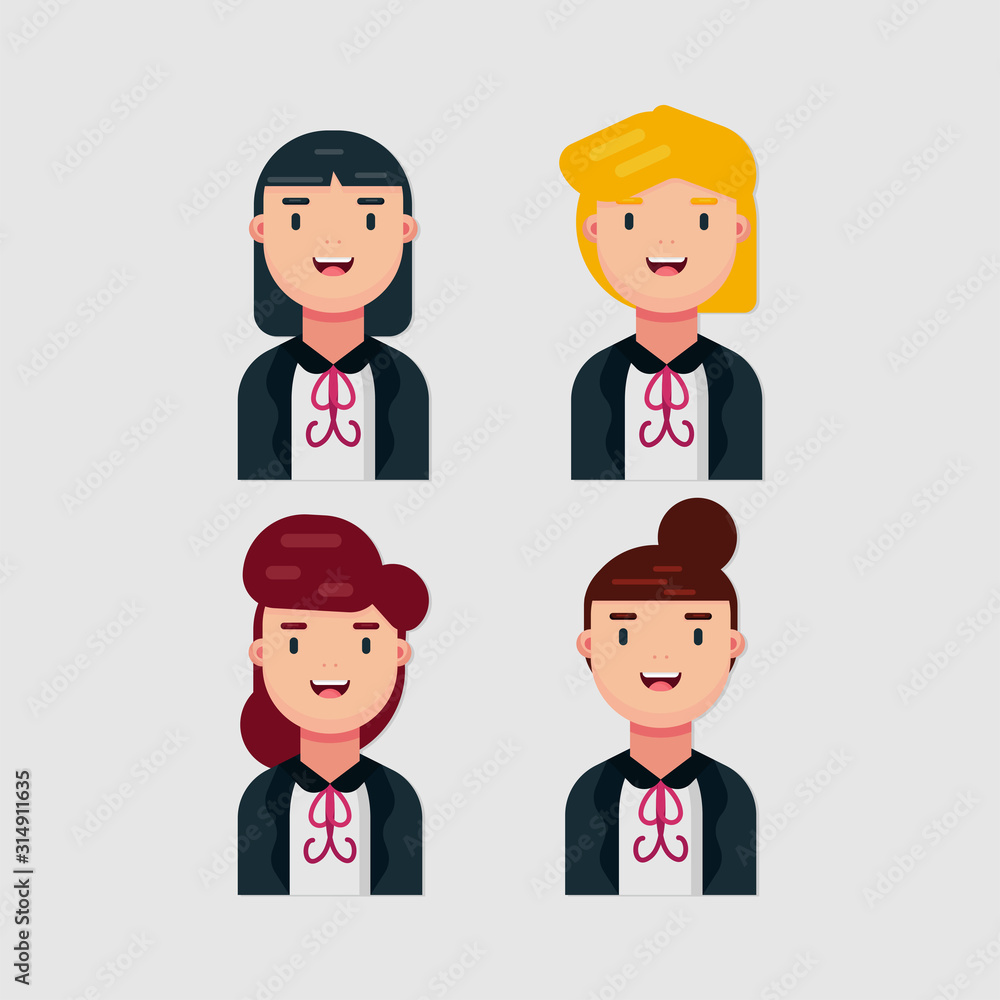 Set of smiling girl business clothes isolated on white background. Cartoon, Emotions, and Expression. Simple vector illustration. Set of smiling girl business clothes isolated on white background. Cartoon, Emotions, and Expression. Simple vector illustration.