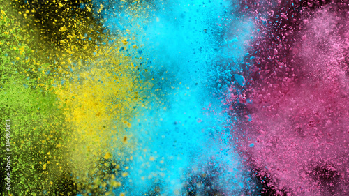 Explosion of colored powder isolated on black background