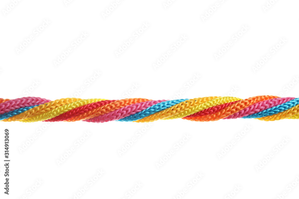 Twisted colorful ropes isolated on white. Unity concept Twisted colorful ropes isolated on white. Unity concept