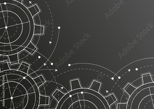 Technological black background .Technical drawing of gears .Rotating mechanism of round parts .Machine technology. Vector illustration.	
