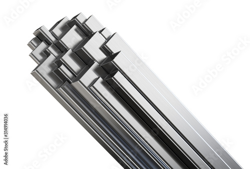 Rolled metal products. Steel square profiles, isolated on white background. Clipping path included, 3d illustration.
