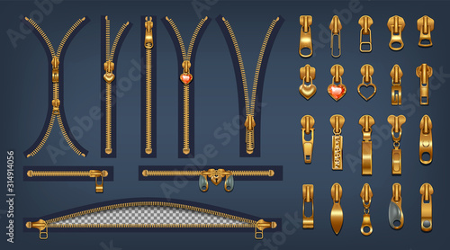 A set of metal zippers and sliders with pendants. Realistic style.Closed and open clasps for gold color design. Isolated on a dark background. Vector illustration photo