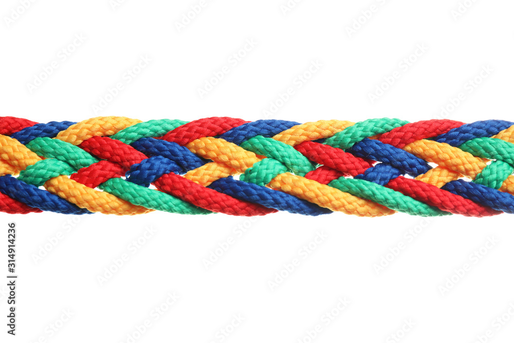 Braided colorful ropes on white background. Unity concept Braided colorful ropes on white background. Unity concept