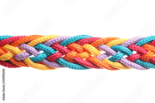 Braided colorful ropes on white background. Unity concept