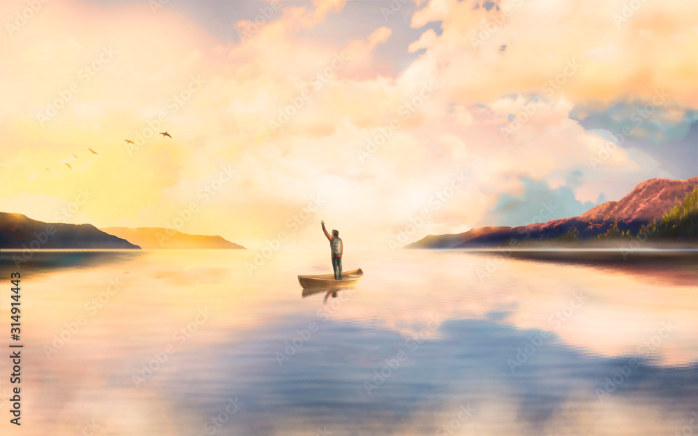 Fototapeta premium A man looks at a beautiful sunset.