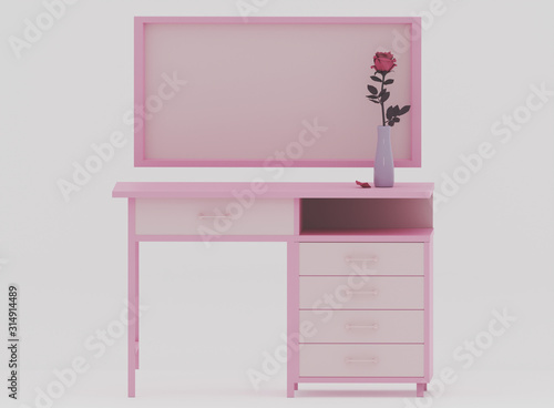 a rose in a vase on a table  a frame or a board hangs on the wall. Isometric view. 3d render © 3d_vicka