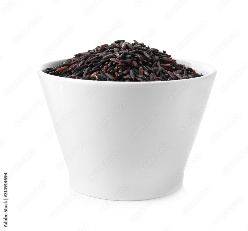 Brown rice in bowl isolated on white Brown rice in bowl isolated on white