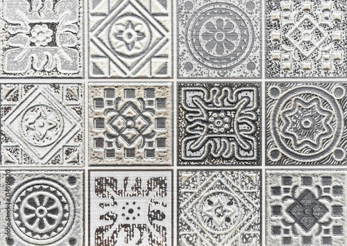 Ceramic tile with gray volumetric ornament. 3D ceramic tile background.