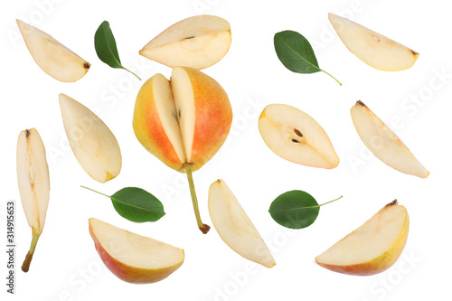 Sliced pears and pear isolated on white background, top view
