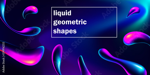 Abstract 3d realistic vector and colorful background. Liquid holographic forms. Fluid geometric shapes made of a gradient of trend colors: ultra violet, bright blue, classic blue, saturated pink.
