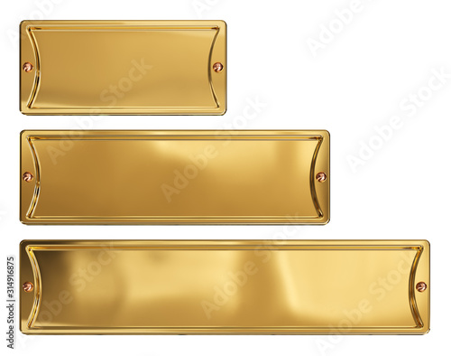 Empty gold or brass metal plates set, isolated on a white background. Clipping path included. 3d illustration photo
