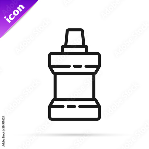 Black line Mouthwash plastic bottle icon isolated on white background. Liquid for rinsing mouth. Oralcare equipment.  Vector Illustration