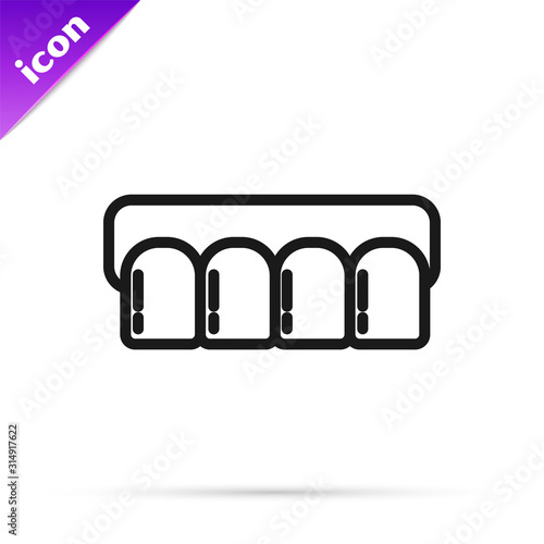 Black line Dentures model icon isolated on white background. Teeth of the upper jaw. Dental concept.  Vector Illustration