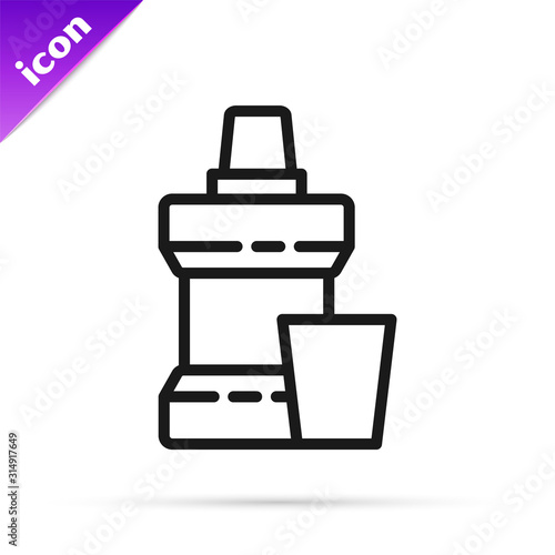 Black line Mouthwash plastic bottle and glass icon isolated on white background. Liquid for rinsing mouth. Oralcare equipment.  Vector Illustration