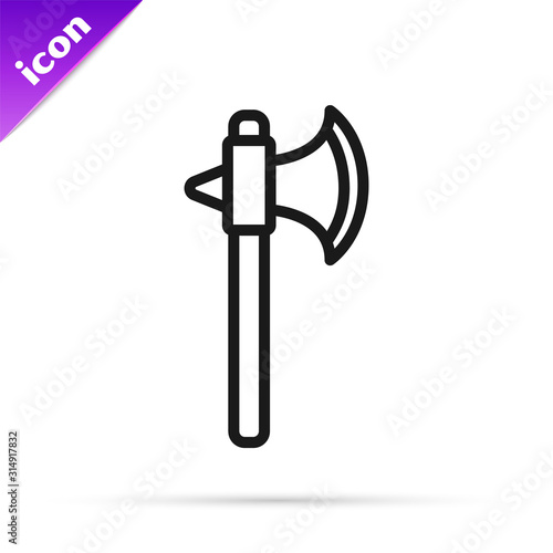 Black line Medieval axe icon isolated on white background. Battle axe, executioner axe.  Vector Illustration