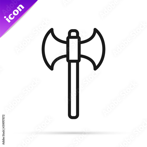 Black line Medieval axe icon isolated on white background. Battle axe, executioner axe.  Vector Illustration